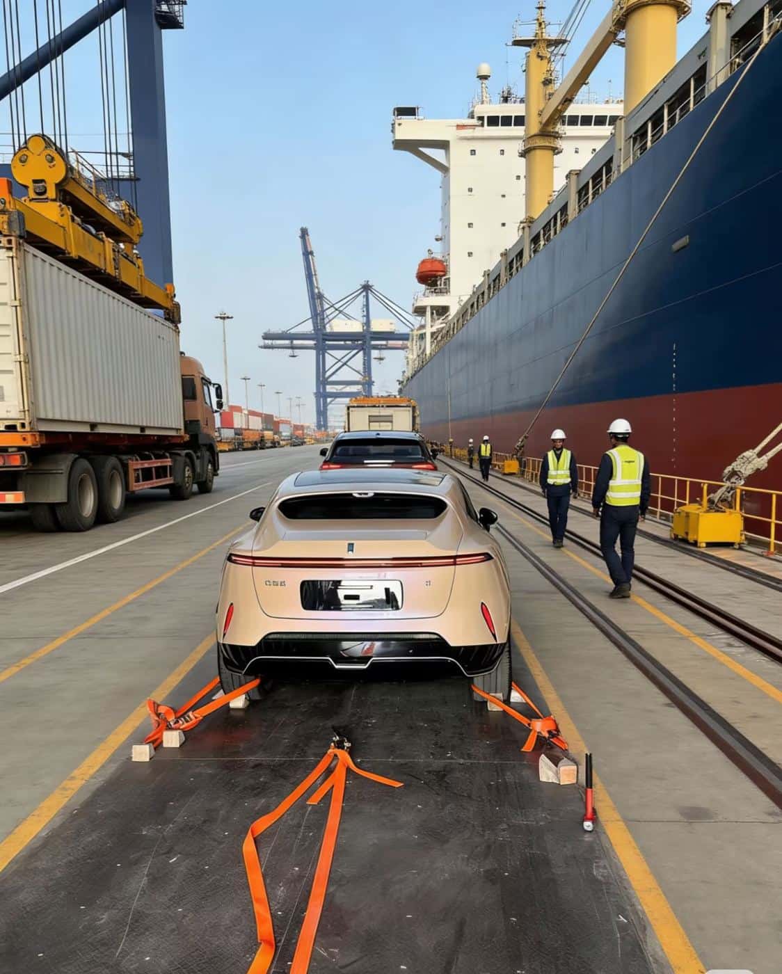 Vehicle strapped on the quay before vessel loading